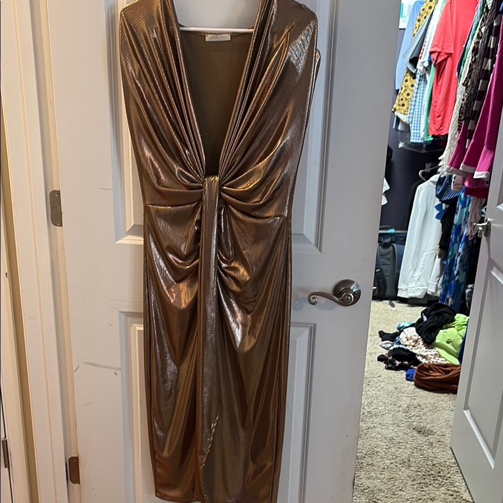 Gold Ruched Tie Front Bodycon Midi Dress
